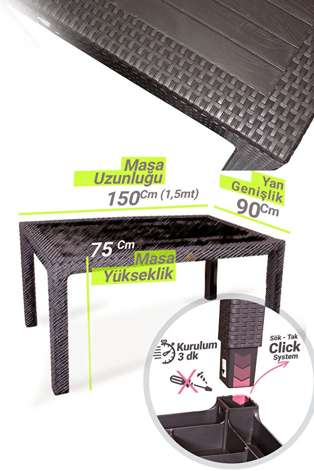 Bambu Pro 90x150cm Rattan Bahçe Balkon Masa Takımı 6 Kişilik Camsız Set Kahverengi